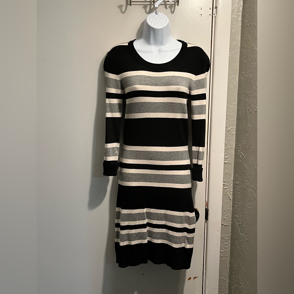 French Connection Grey, Black & White Striped Bodycon Sweater Dress Size 6